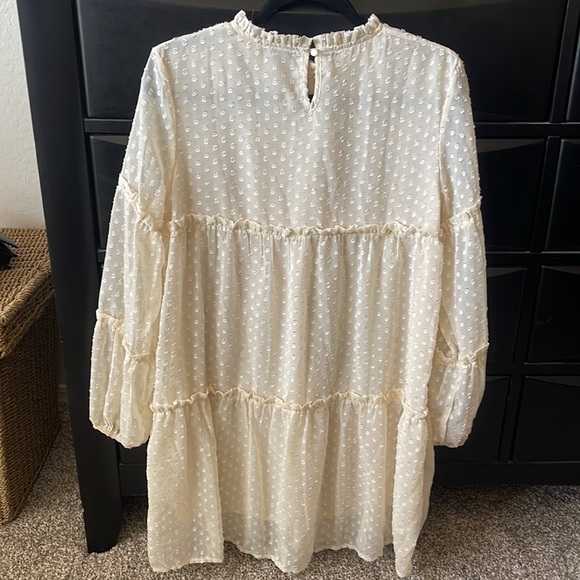 SOLUTION Cream off white Swiss Dot Babydoll Dress long sleeve ruffled edges Sz S - Picture 5 of 14
